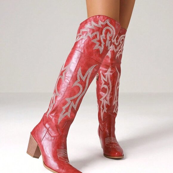 Red Women's Embroider Thigh High Western Cowboy country Chunky Heel Boots - Picture 5 of 5